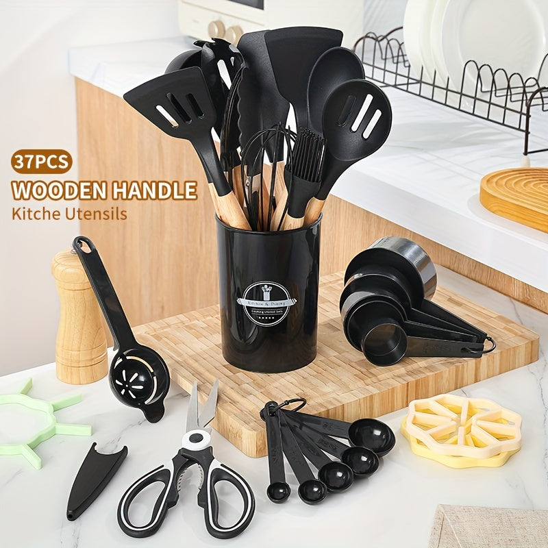 12/pcs, 37pcs, BPA FREE Silicone Cooking Utensils Set With Wooden Handle, Colorful Non-stick Pot Special Cooking Tools Set, Heat Resistant Turner, Tongs, Spatula, Spoon, Oil Brush And Whisk, Kitchen Supplies, Kitchen Supplies