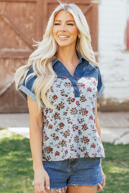 Gray Retro Floral Print Denim Patchwork Buttoned Polo Collar Top