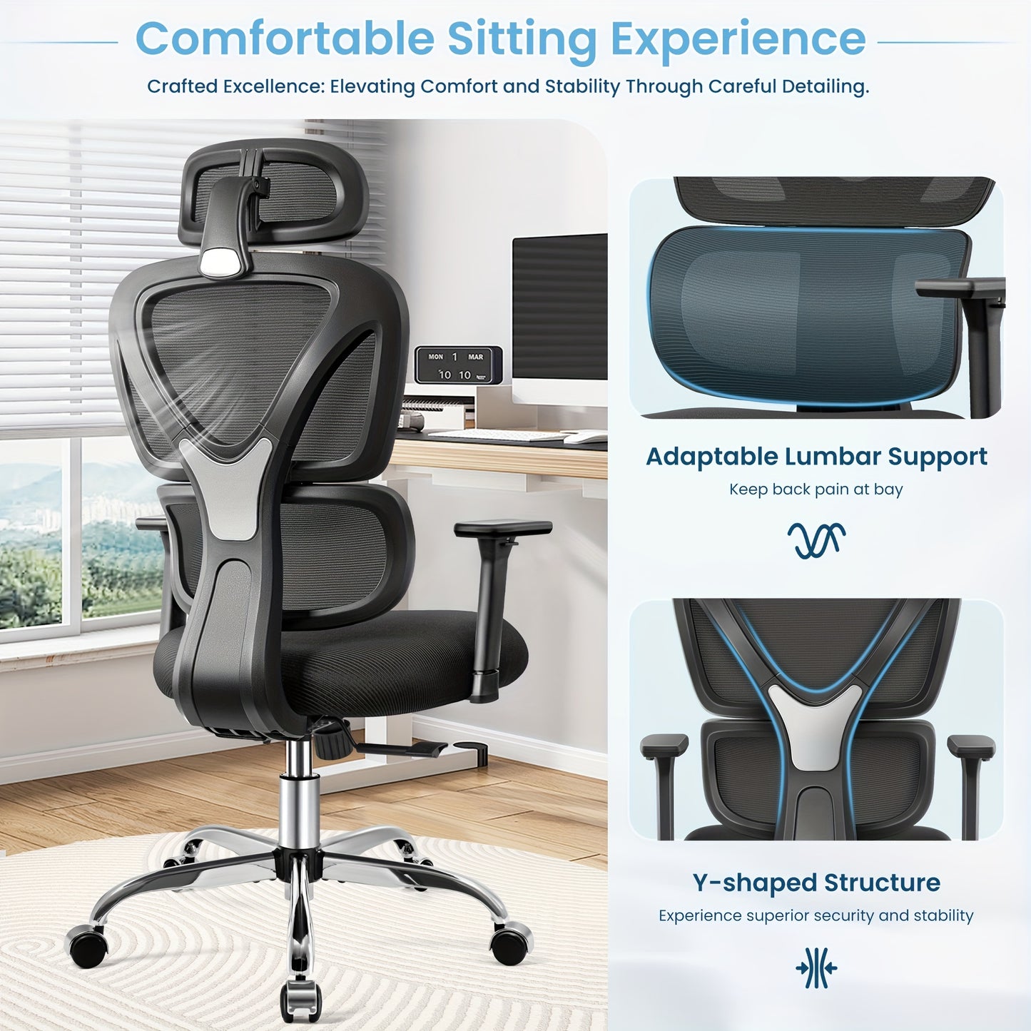 KERDOM Ergonomic Office Chair, Home Desk Chair, Comfy Breathable Mesh Task Chair, High Back Thick Cushion Computer Chair with Headrest and 3D Armrests, Adjustable Height Gaming Chair