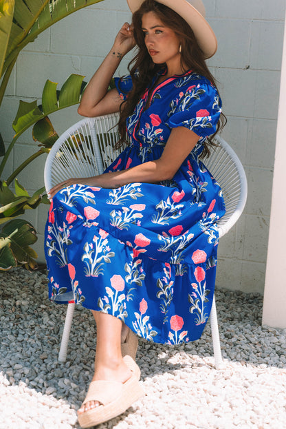 Sky Blue Floral Puff Short Sleeve V Neck High Waist Maxi Dress