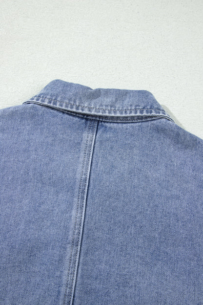 Beau Blue Studded Metal Zipper Rivet Pockets Long Sleeve Denim Jacket