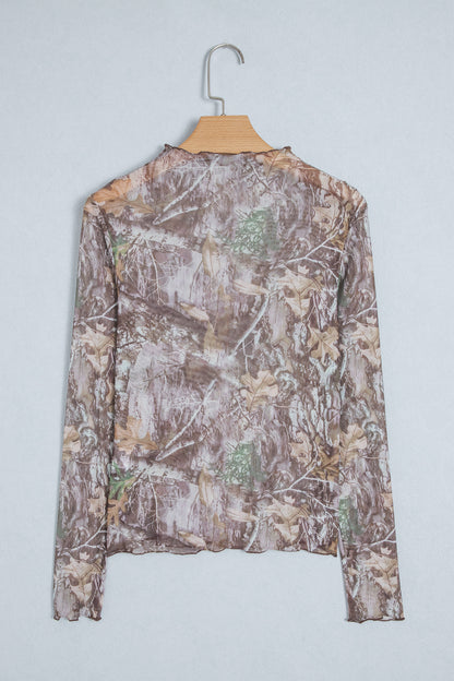 Smoke Gray Floral Print Slim Fit Mesh Long Sleeve Mock Neck Top