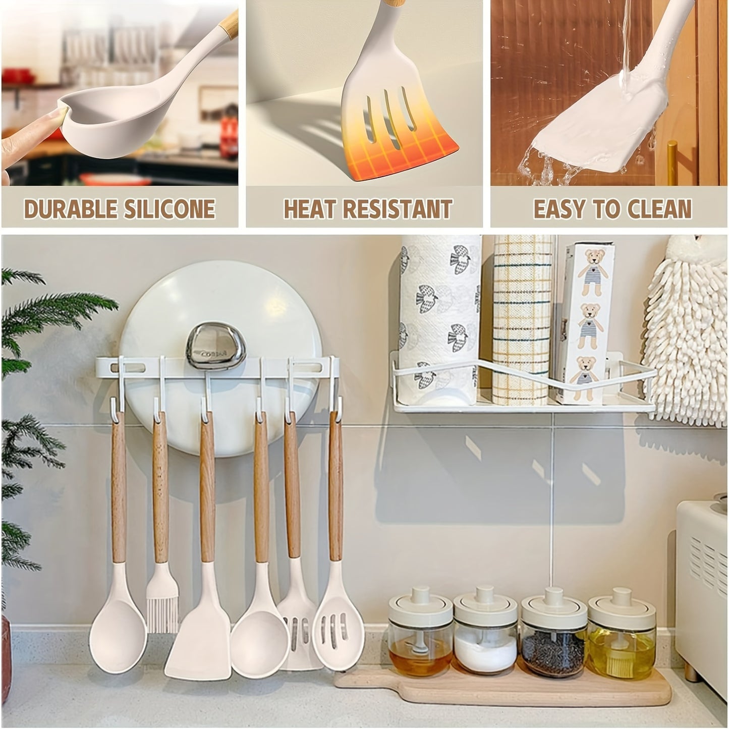 33pcs Silicone Kitchen Utensil Set with Stand - Non-Stick, Heat Resistant Cooking Tools & Gadgets with Wooden Handles