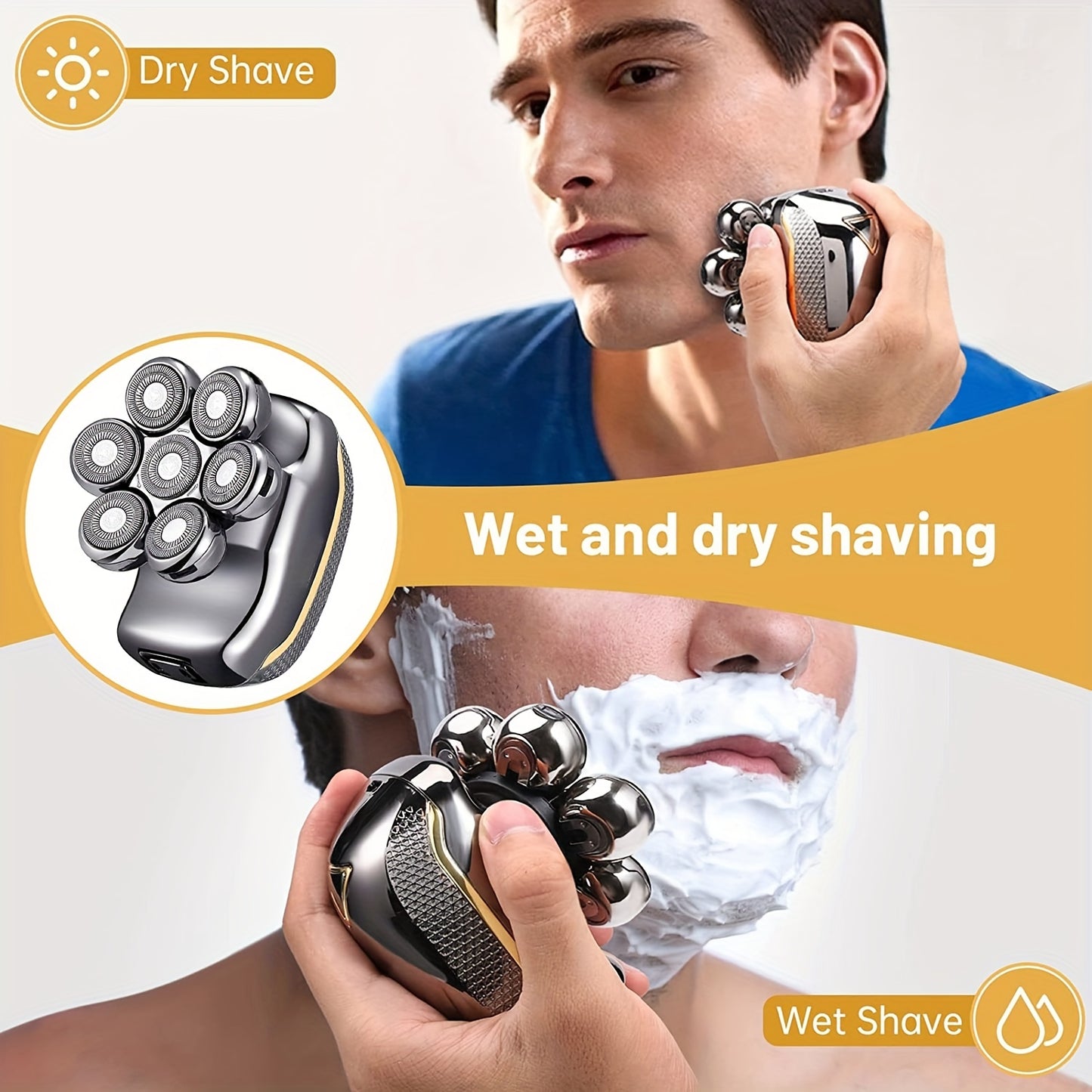 Men'S Electric Head Shaver Razor - Rechargeable Cordless Hair Shaving Razors for Bald Man 6in 1 Wet Dry Beard Trimmer Body Hair Cutting Clipper Grooming Kit 7 Rotary Heads (Gray), USB Charging, Lithium Battery, 6-in-1 Multi-F