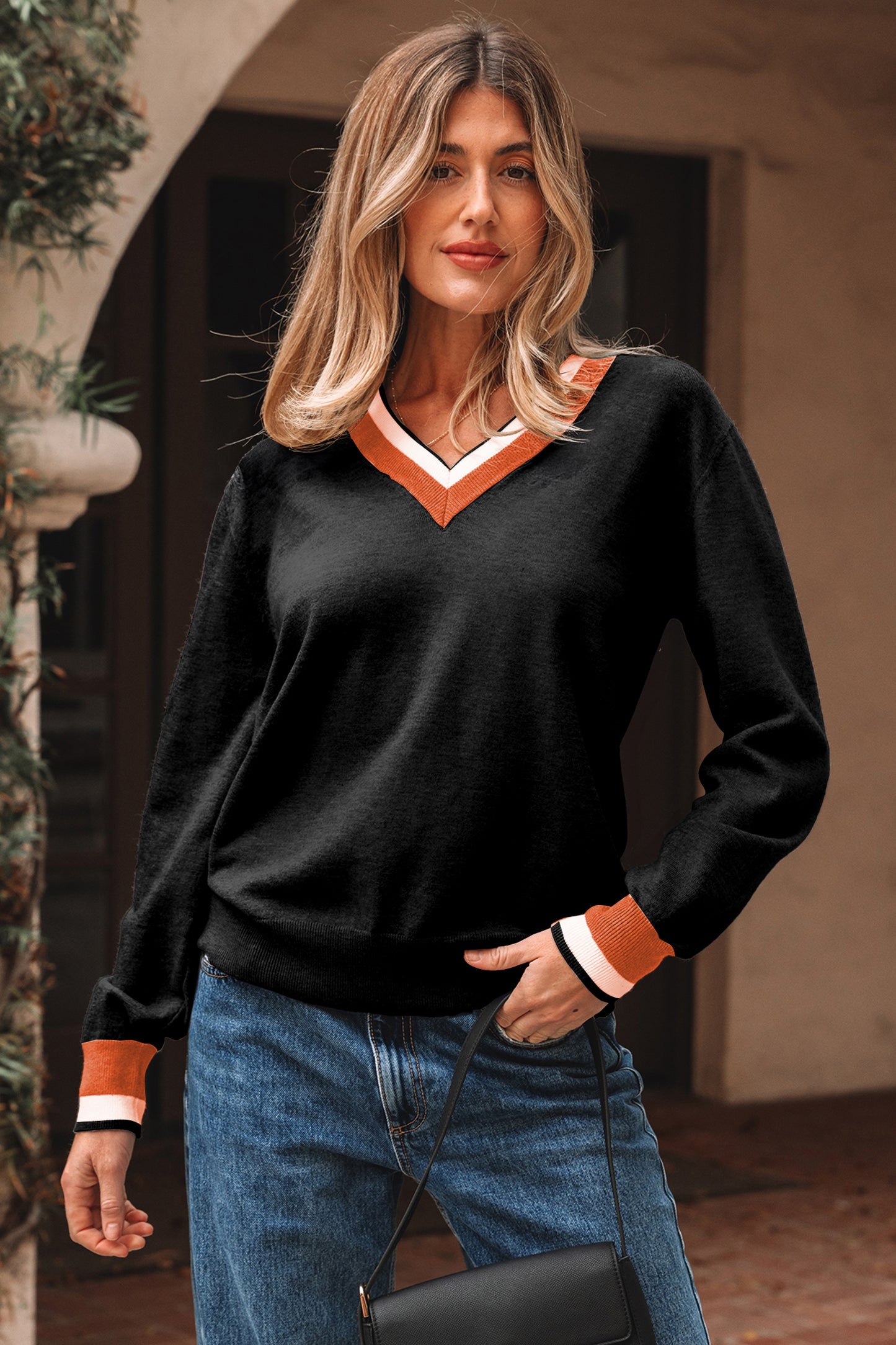 Dark Khaki Contrast Striped Trim V Neck Varsity Sweater