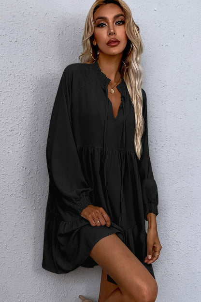 Black Tie Split Neck Smocked Detail Long Puff Sleeve Ruffle Hem Loose Dress