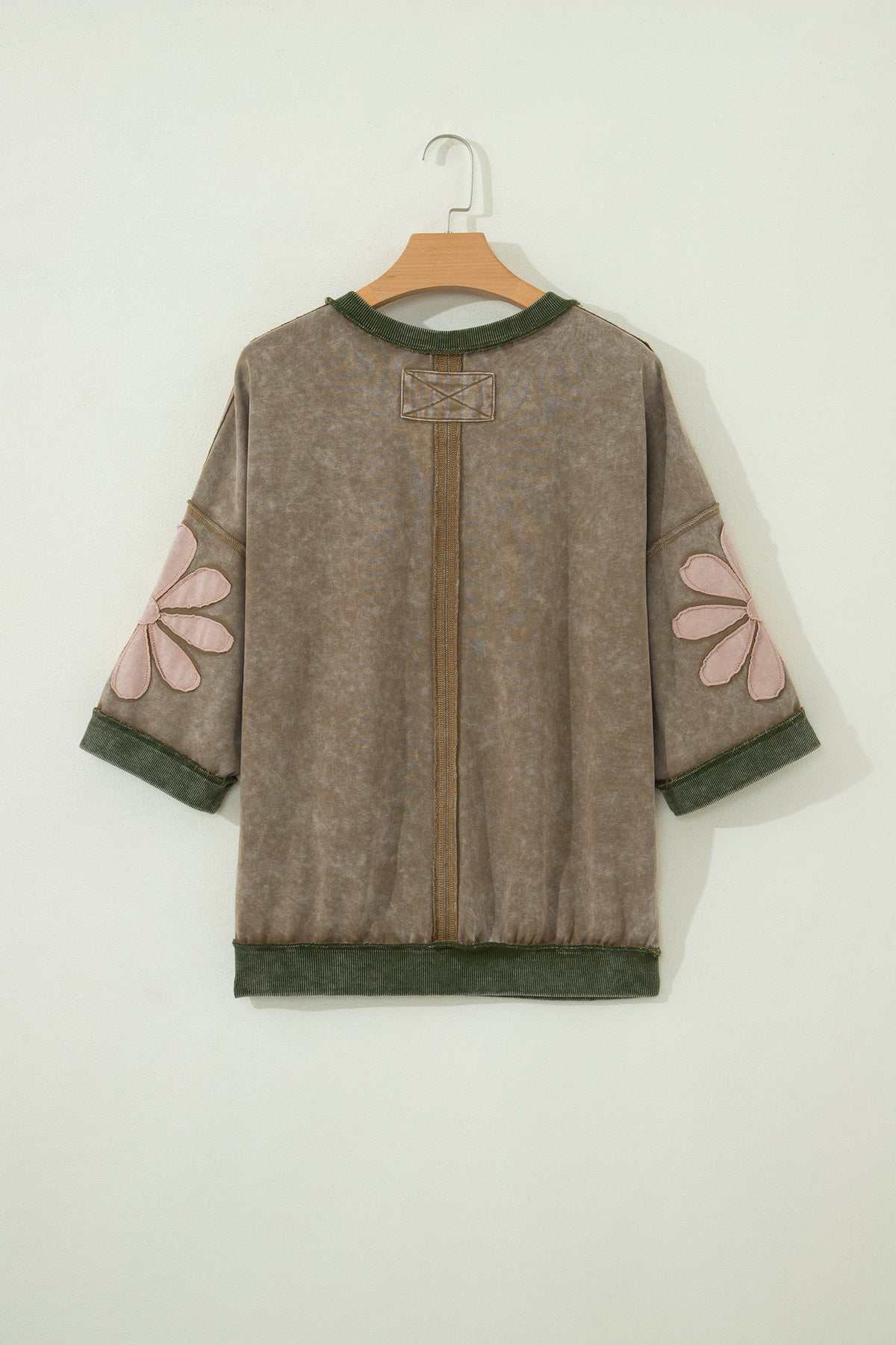 Breen Mineral Wash Raw Seam Patchwork Flower Patched 3/4 Sleeve Oversize Top