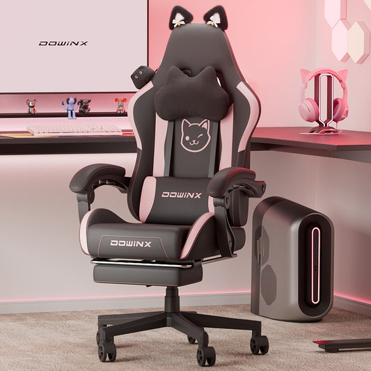 Dowinx Gaming Chair Cute with Cat Ears and Massage Lumbar Support, Ergonomic Computer Chair for Girl with Footrest and Headrest, Comfortable Reclining Game Chair 290lbs for Adult, Teen Back-to-school Season Gift, School Suppl