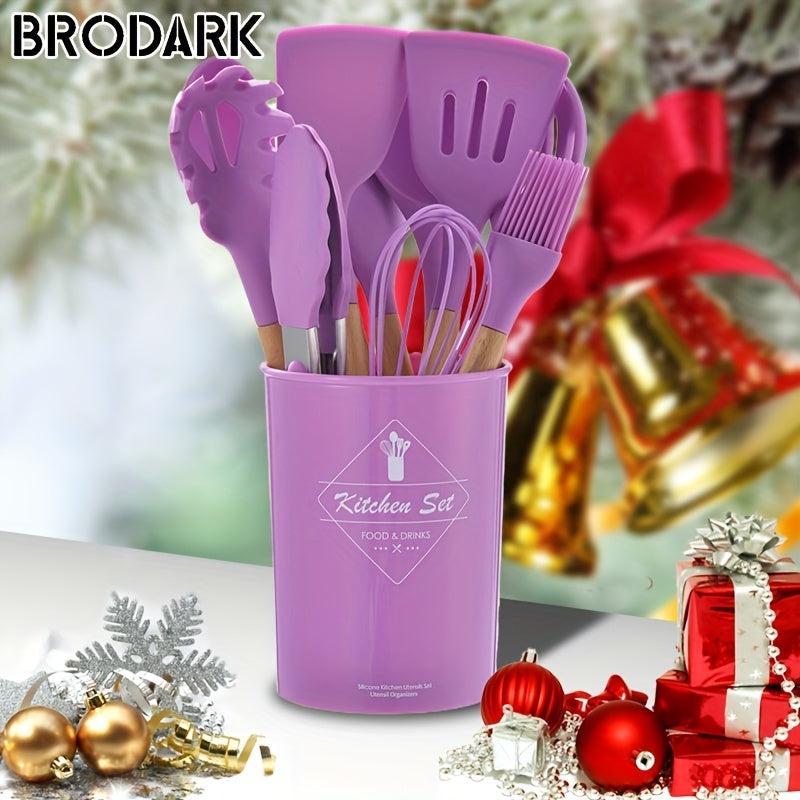 12pcs/set, Brodark, Silicone Cooking Utensils Set With Wooden Handle, Colorful Non-stick Pot Special Cooking Tools Set, Heat Resistant Turner, Tongs, Spatula, Spoon, Oil Brush And Whisk, Kitchen Supplies, Suitable For Restaur