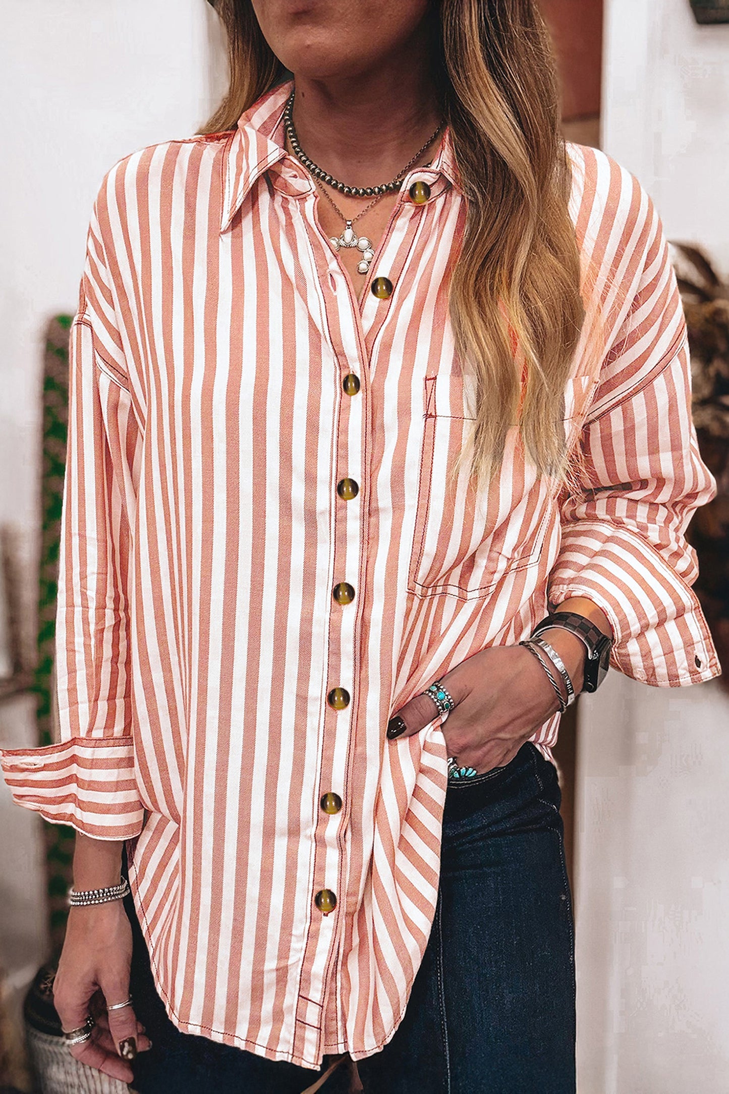 Brown Stripe Western Button Down Long Sleeve Casual Shirt