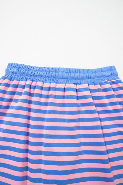 Pink Stripe Relaxed Short Sleeve Top Elastic Waist Drawstring Skort 2pcs Set