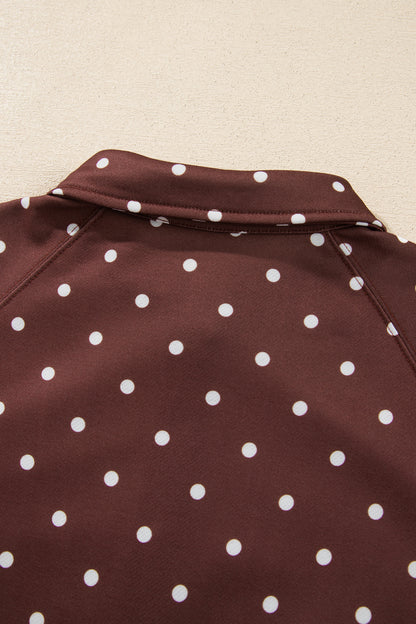 Pink Polka Dot Print Metal Button Collar Casual Pullover Sweatshirt
