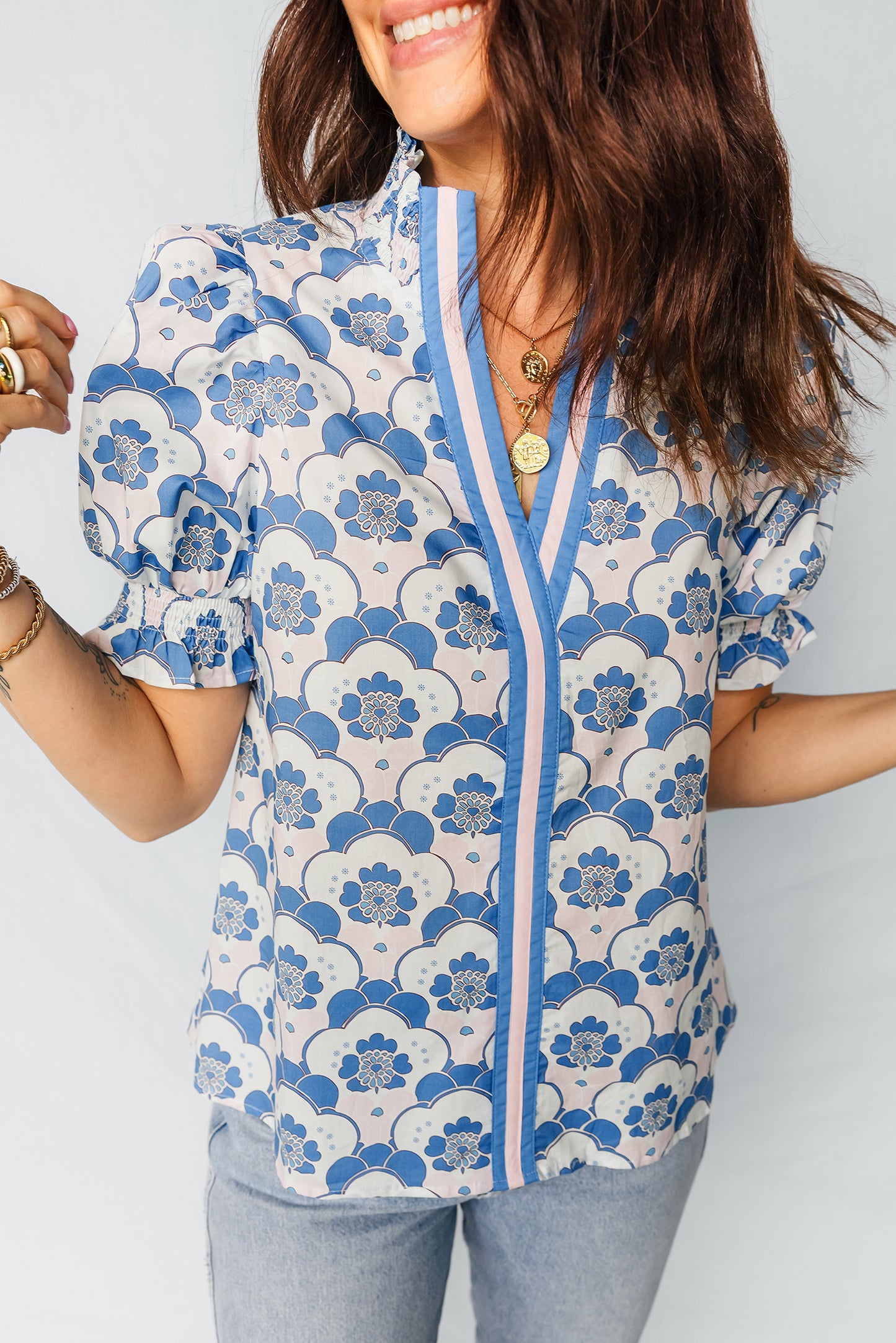 Sky Blue Floral Print Flounced Short Sleeve Contrast Trim V Neck Blouse