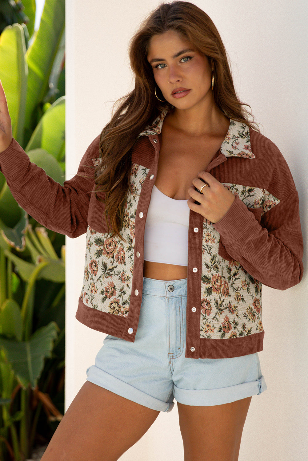 Dearlovers Sage Green Ribbed Retro Floral Patchwork Shirt Style Jacket