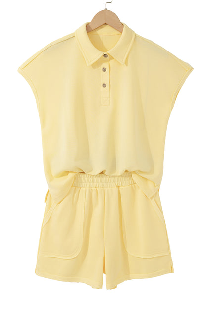 Mist Blue Loose Polo Tee Elastic Waist 2pcs Short Set