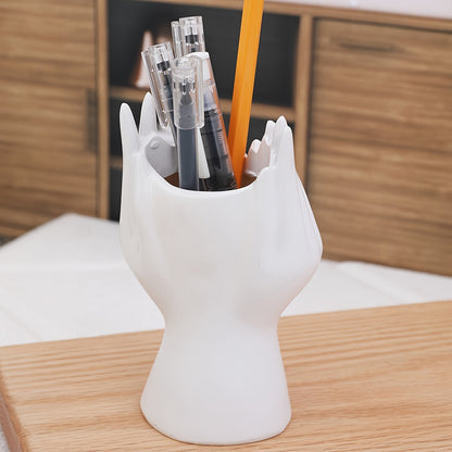 1pc Resin Art Pen Holder in Face-Holding Design - Elegant Home Decor Accent, Available in White, Golden, and Black - Perfect for Organizing Writing Instruments, Pens for Writing