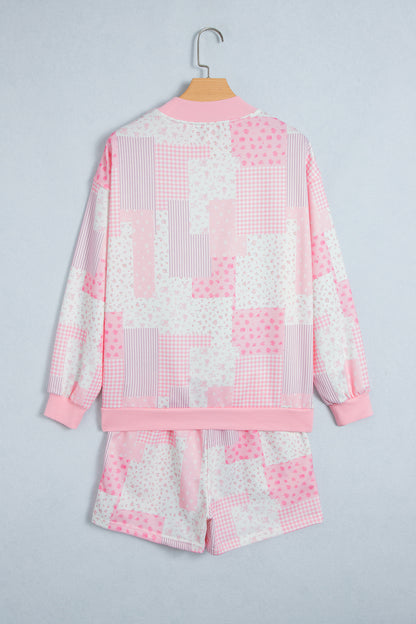 Light Pink Patchwork Floral Print Drop Shoulder Baggy Pullover Drawstring Shorts Set