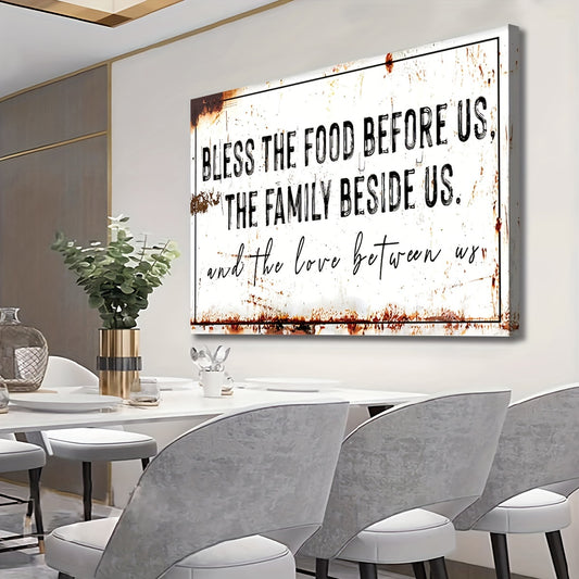 Bless The Food Before Us" Rustic Canvas Wall Art - Extra Large, Wooden Framed, Ready to Hang Decor for Kitchen & Dining Room, Farmhouse Style Christian Gift