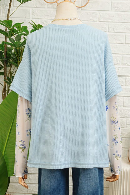 Beau Blue Floral Lace Sleeve Patchwork Waffle Fake Two-piece Top