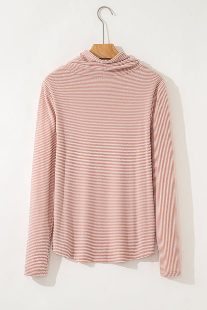 Pale Chestnut Horizontal Twist Ribbed Drawstring Cowl Neck Knit Top