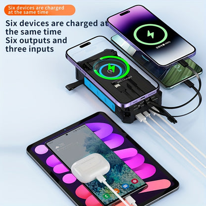 30000mAh Solar Power Bank - Portable Power Banks with 7 Outputs, 4 Inputs, 15W Fast Charging, Wireless Charger, Hand Crank, 3 Cables, SOS/Strobe/Strong Flashlights, and Emergency Power Source