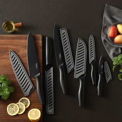 6pcs/set, TEA38 Non-Stick Coated High Carbon Stainless Steel Black Kitchen Knives Set With Sheath, Dishwasher Safe