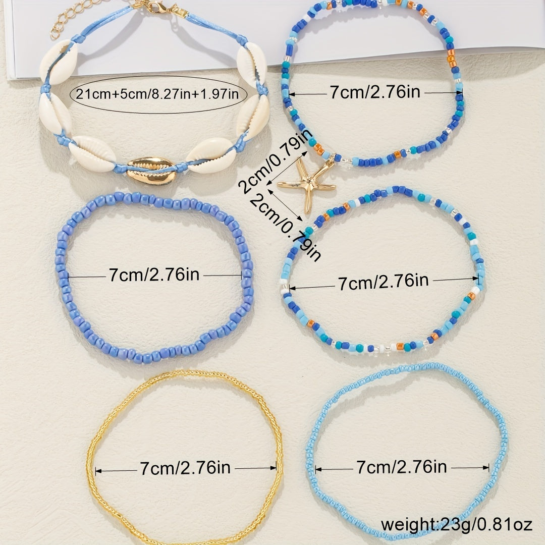 6pcs Set Unisex Glass Bead Anklets with Faux Shell & Starfish Pendants, Random Size & Quantity, Simple Vacation Style, Summer Beach Foot Jewelry for Daily & Holiday Wear