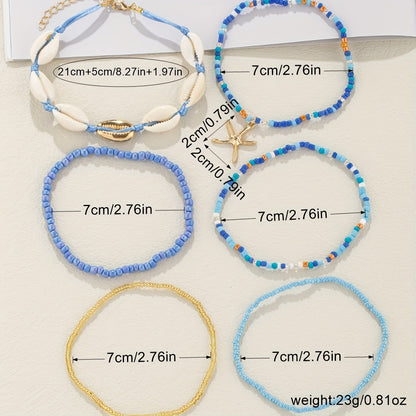 6pcs Set Unisex Glass Bead Anklets with Faux Shell & Starfish Pendants, Random Size & Quantity, Simple Vacation Style, Summer Beach Foot Jewelry for Daily & Holiday Wear