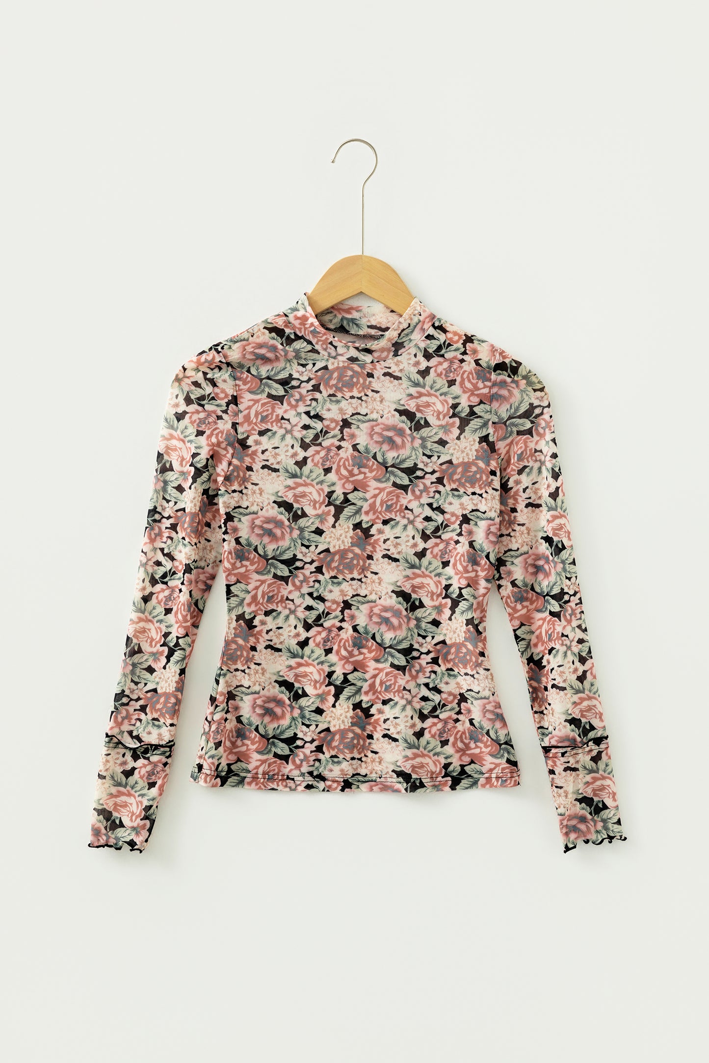 Black Retro Floral Print Mock Neck Mesh Long Sleeve Top