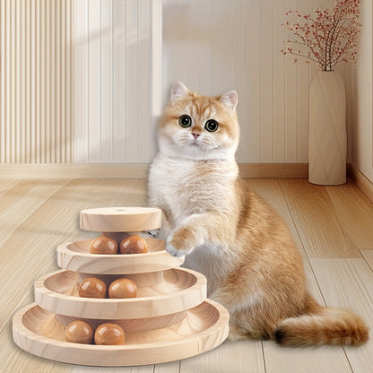 [Interactive Cat Ball Track] 3 Layer Tower Interactive Cat Ball Track | Natural Bamboo Wood with 9 Detachable Balls, Teasing Stick, DIY Circle Toys - Suitable for Kitten's Self-Hi, Boredom, Exercise, Educational Pet Toys