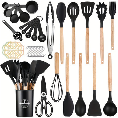 12/pcs, 37pcs, BPA FREE Silicone Cooking Utensils Set With Wooden Handle, Colorful Non-stick Pot Special Cooking Tools Set, Heat Resistant Turner, Tongs, Spatula, Spoon, Oil Brush And Whisk, Kitchen Supplies, Kitchen Supplies