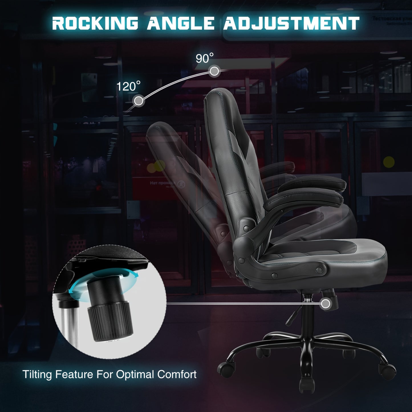 Gaming Chair, PU Leather Computer Gaming Chair, Ergonomic Home Office Desk Executive Chair, Height Adjustable Chair, Swivel Task PU Leather Racing Chair with Flip-up Armrest for Adults, Men, Girls, Gamer