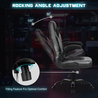 Gaming Chair, PU Leather Computer Gaming Chair, Ergonomic Home Office Desk Executive Chair, Height Adjustable Chair, Swivel Task PU Leather Racing Chair with Flip-up Armrest for Adults, Men, Girls, Gamer
