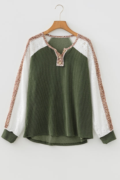 Vineyard Green Twisted Ribbed Leopard Lace Contrast Patchwork Long Sleeve Top
