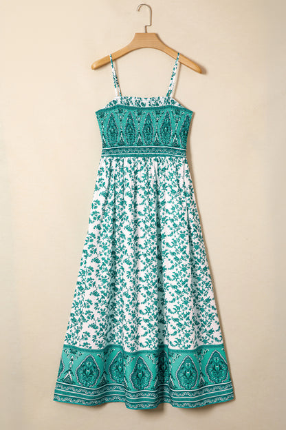 Green Boho Floral Print Shirred Cami Maxi Dress
