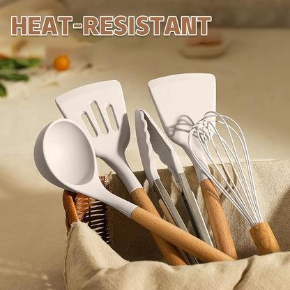 33pcs Silicone Kitchen Utensil Set with Stand - Non-Stick, Heat Resistant Cooking Tools & Gadgets with Wooden Handles