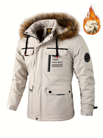 Men'S Winter Windbreaker Jacket with Warm Hood - Maroon Zip-Up Outdoor Coat, Stand Collar, Multiple Pockets, Casual Sporty Design for Cold Weather, Winter Jacket