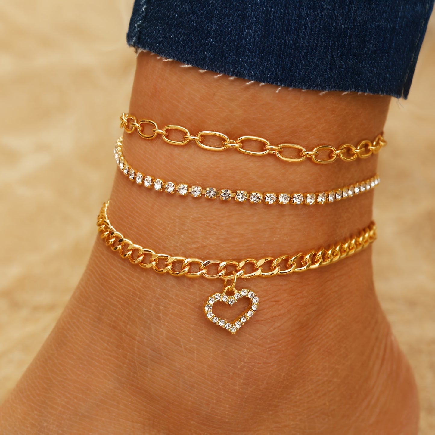 38pcs Bohemian Retro Anklets, Mixed Layered Chain With Star And Heart Pendants, Vintage Cuban Link Beach Vacation Jewelry, Multi-Layered Stackable Foot Chains For Women