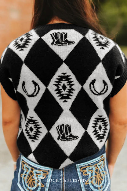 Black Retro Rhombus Western Print Drop Shoulder Short Sleeve Sweater