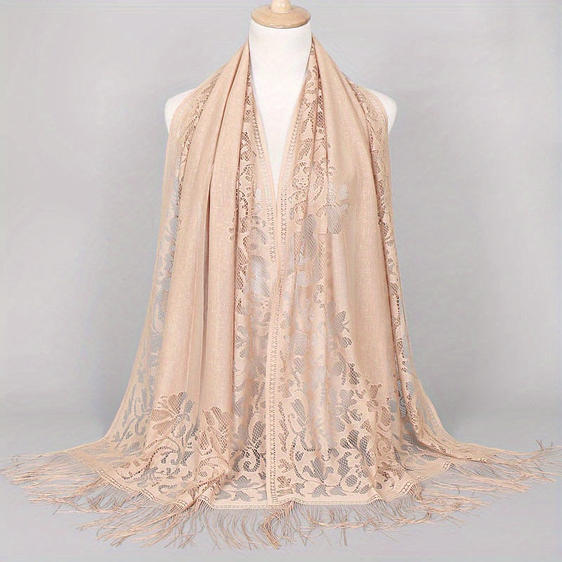 [Floral Lace Scarf With Tassels] Ladies Women's Floral Lace Scarf Shawl With Tassels, Soft Mesh Fringe Wraps Bridal Shawl For Wedding Evening Party Dresses