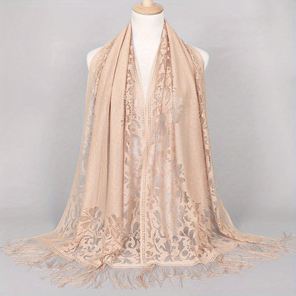 [Floral Lace Scarf With Tassels] Ladies Women's Floral Lace Scarf Shawl With Tassels, Soft Mesh Fringe Wraps Bridal Shawl For Wedding Evening Party Dresses