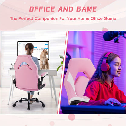 OLIXIS Computer Gaming Chair, Office Desk PU Leather Chair with Padded High Back Flip-up Armrests, Swivel Task Chair Adjustable Height, pink