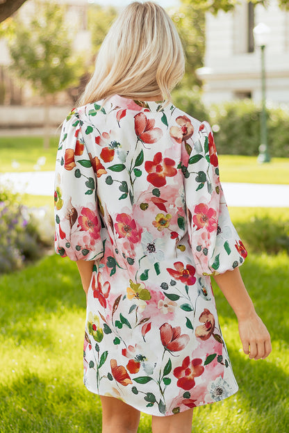 Red Floral Contrast Striped V Neck Puff Half Sleeve Shift Dress