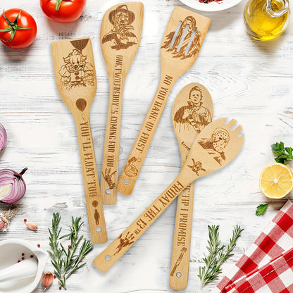 5Pcs Cooking Spoons, Funny Engraved Wooden Cooking Spoons, Horror Character Bamboo Wood Utensils, Cookware Kit, Horror Movie Theme Kitchen Decor, Gift For Movie Lover, Christmas Party Housewarming Birthday Gift