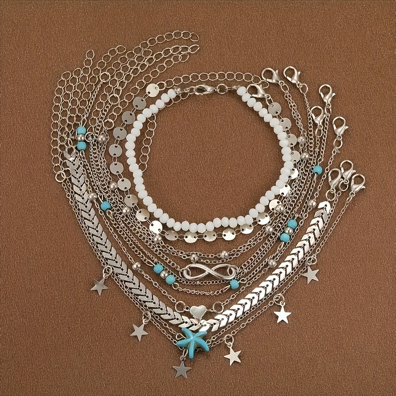 Set Of Multiple Bohemian Style Golden Starfish Pearl Anklets For Girls To Wear During Summer Vacation Outings