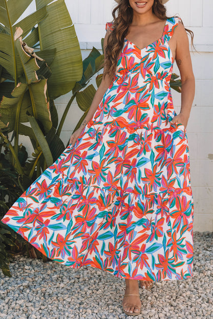 Red Boho Floral Ruffled Strap V Neck Maxi Dress