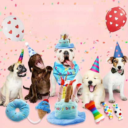 9 Pack Dog Chew Toys Interactive Pickup Toys Dog Birthday Toy Set, 9 Puppy Plush Pet Toys, Including Squeaky Cake Hat, Headscarf, Dessert Themed Toys, Balloons, Dog Birthday Party