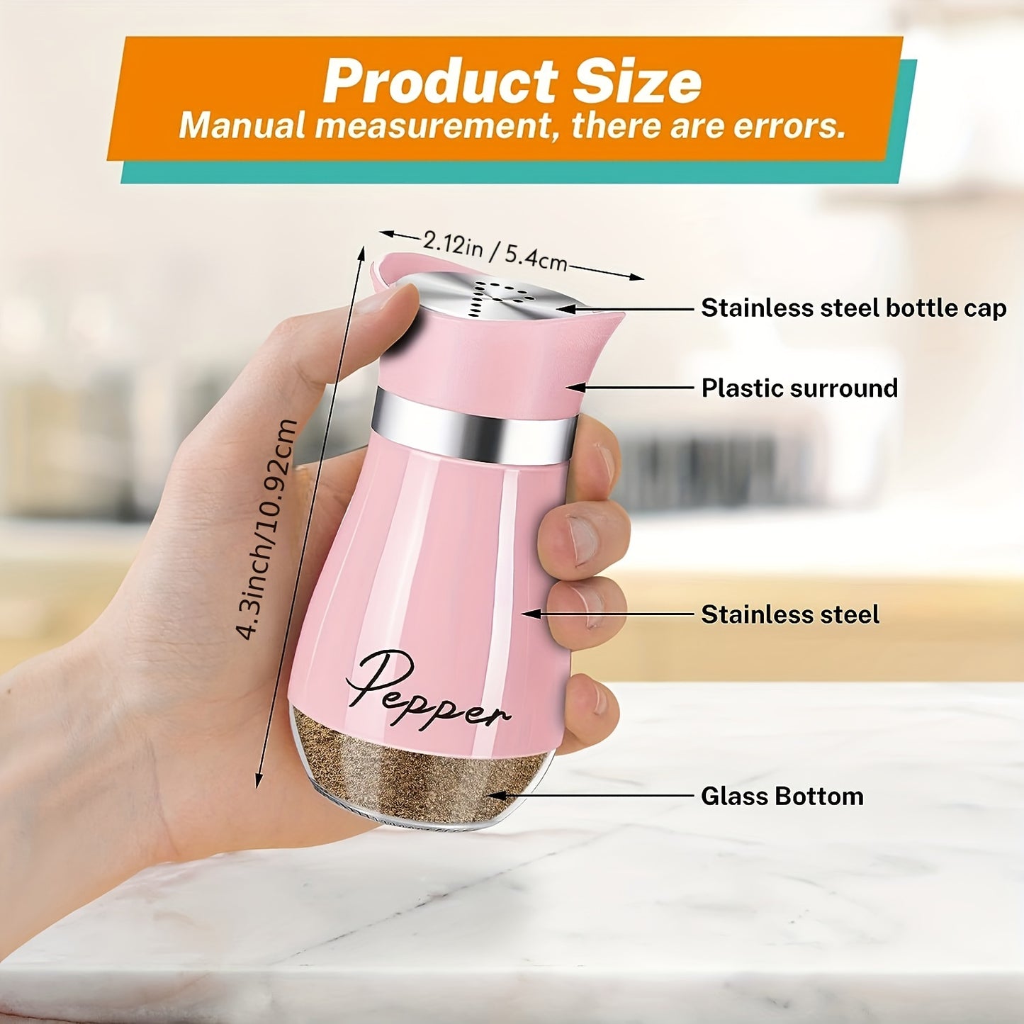 Salt and Pepper Shaker Set, 4oz Glass Bottom Salt and Pepper Shaker, Suitable for Kitchen, Dining Table, RV, Camping, BBQ, Refillable Design (Pink)