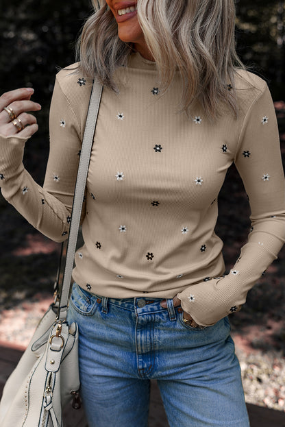 Jet Stream Floral Embroidered Detail Ribbed Long Sleeve Top