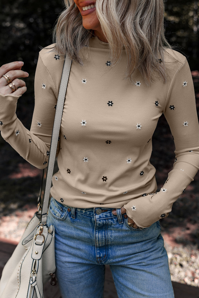 Jet Stream Floral Embroidered Detail Ribbed Long Sleeve Top